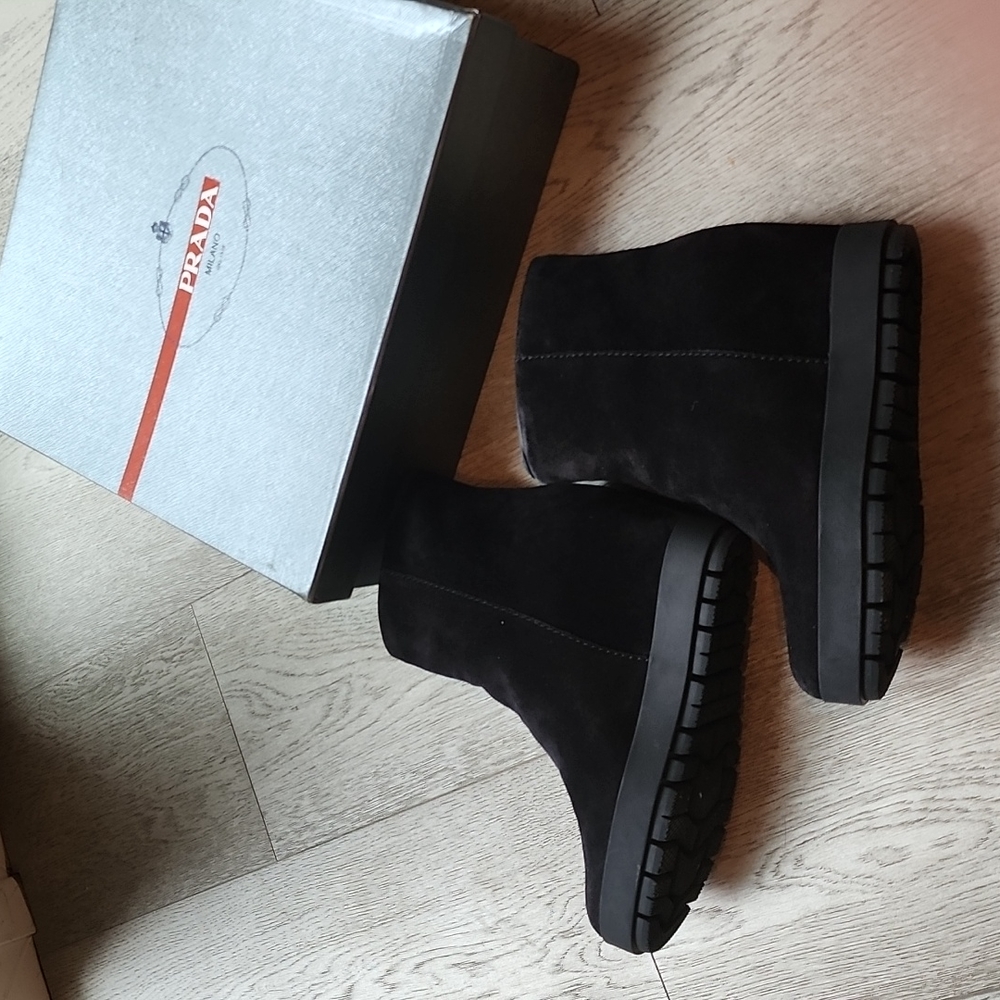Prada black suede wedge ankle boots booties